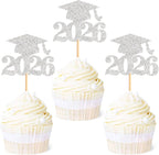 Ercadio 36Pcs Glitter Silver 2026 Graduation Cap Cupcake Toppers Class of 2026 Grad Cap Cupcake Picks Preschool High School University Diploma Graduation Theme Party Decorations Supplies