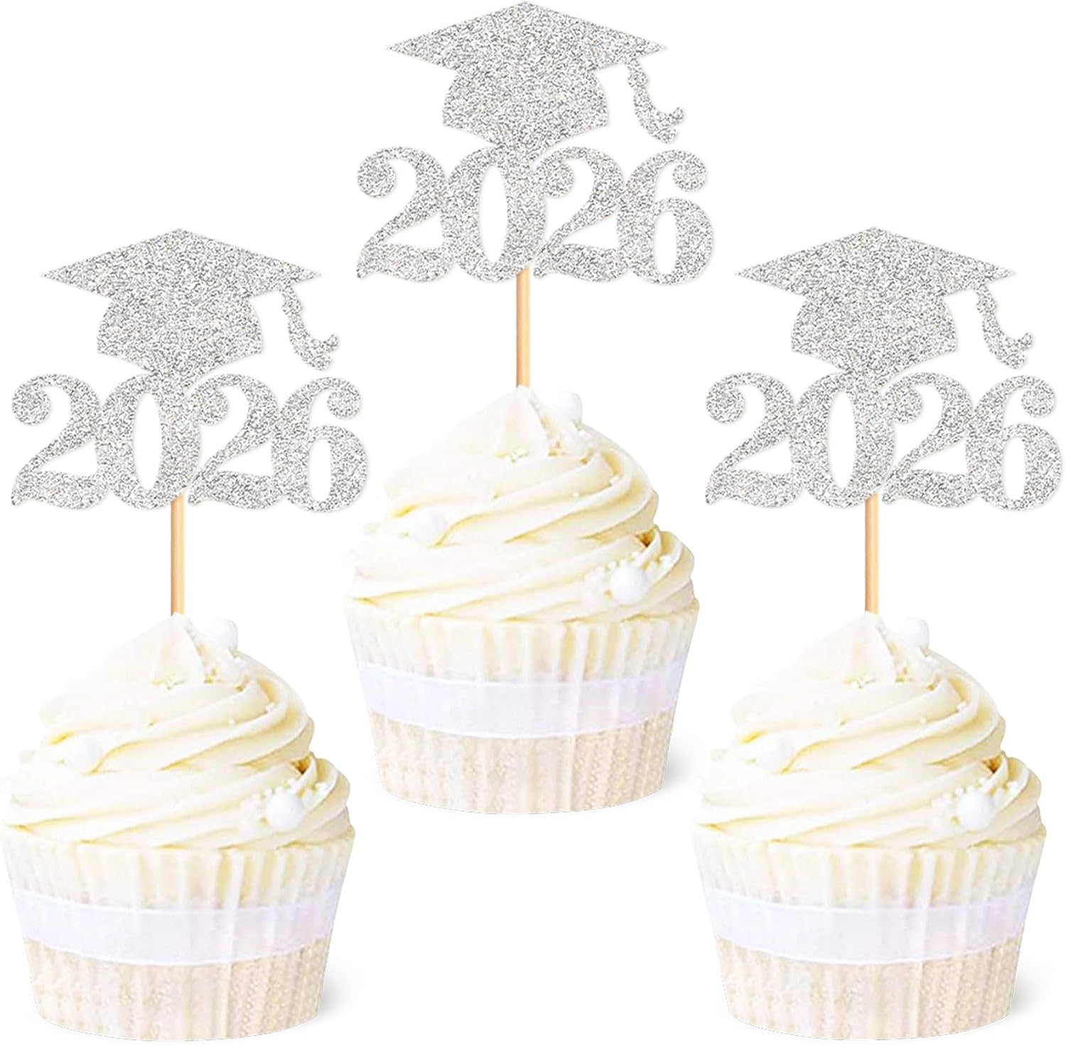 Ercadio 36Pcs Glitter Silver 2026 Graduation Cap Cupcake Toppers Class of 2026 Grad Cap Cupcake Picks Preschool High School University Diploma Graduation Theme Party Decorations Supplies