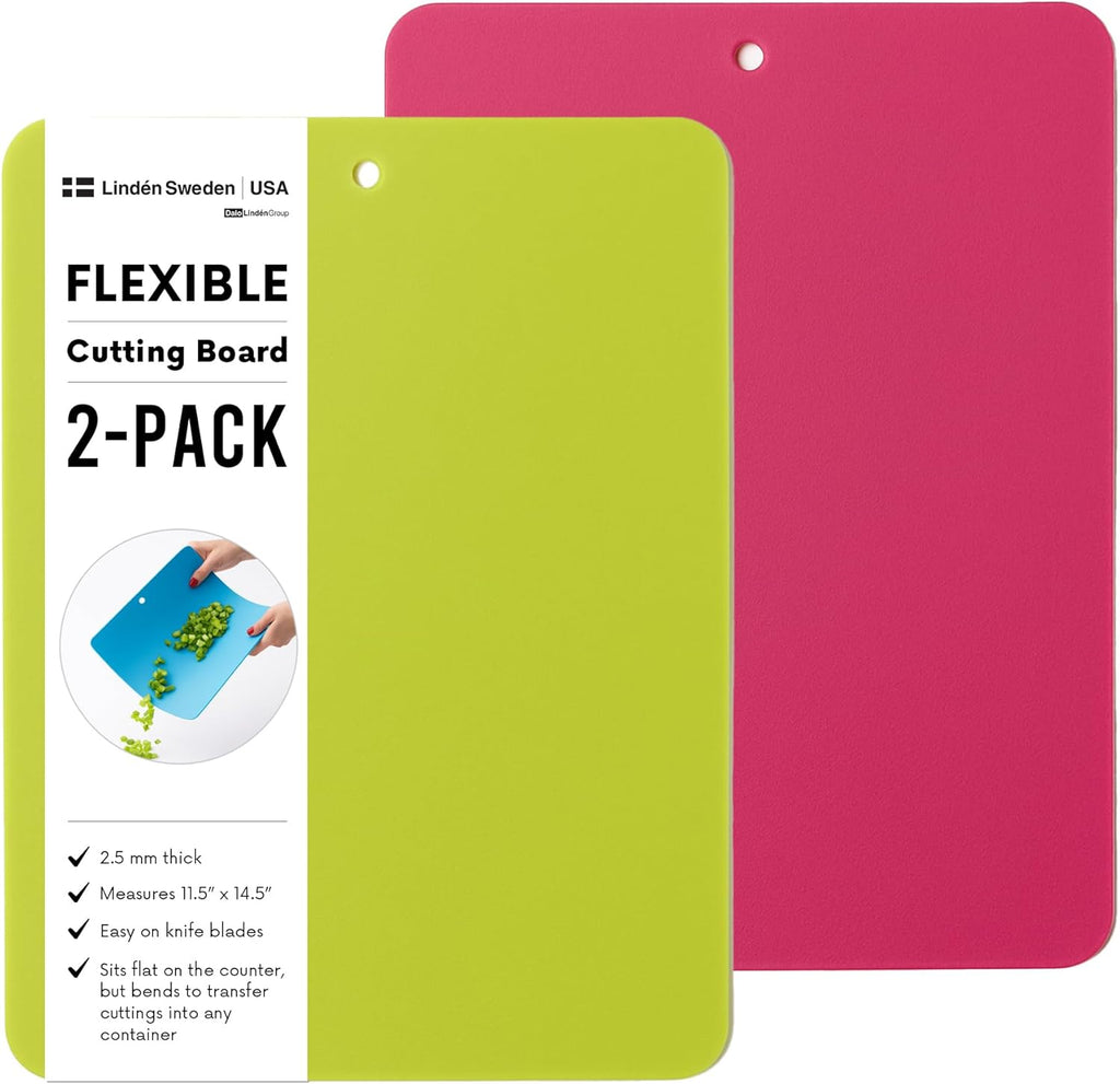 Linden Sweden Flexible Cutting Board 2-Pack - Lays Flat for Secure Work Surface - Extra-Thick for Durability - BPA-Free and Food-Safe - 14.5 x 11.5”, Lime/Pink