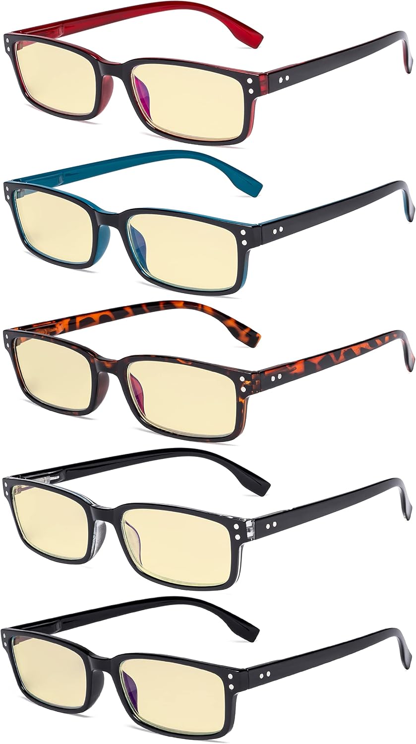 Eyekepper 5 Pack Blue Light Filter Glasses Classic Rectangular Computer Reading Glasses Yellow Tinted +0.50