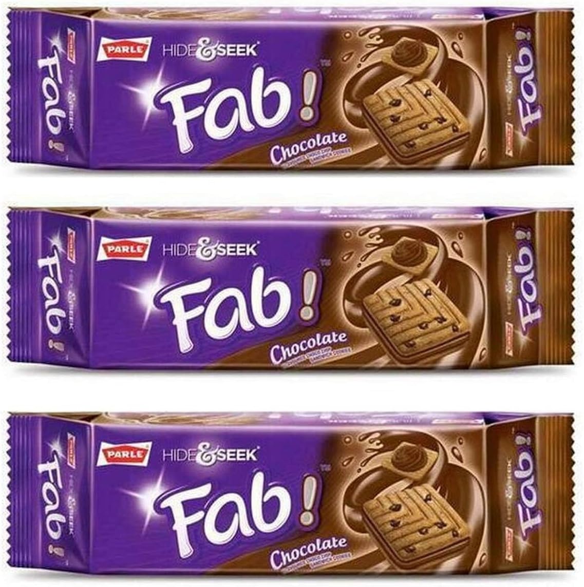 Parle Hide and Seek, Fab! Flavored Chocolate Chip Covered Cookies, Product of India, 3 Packs (Chocolate)