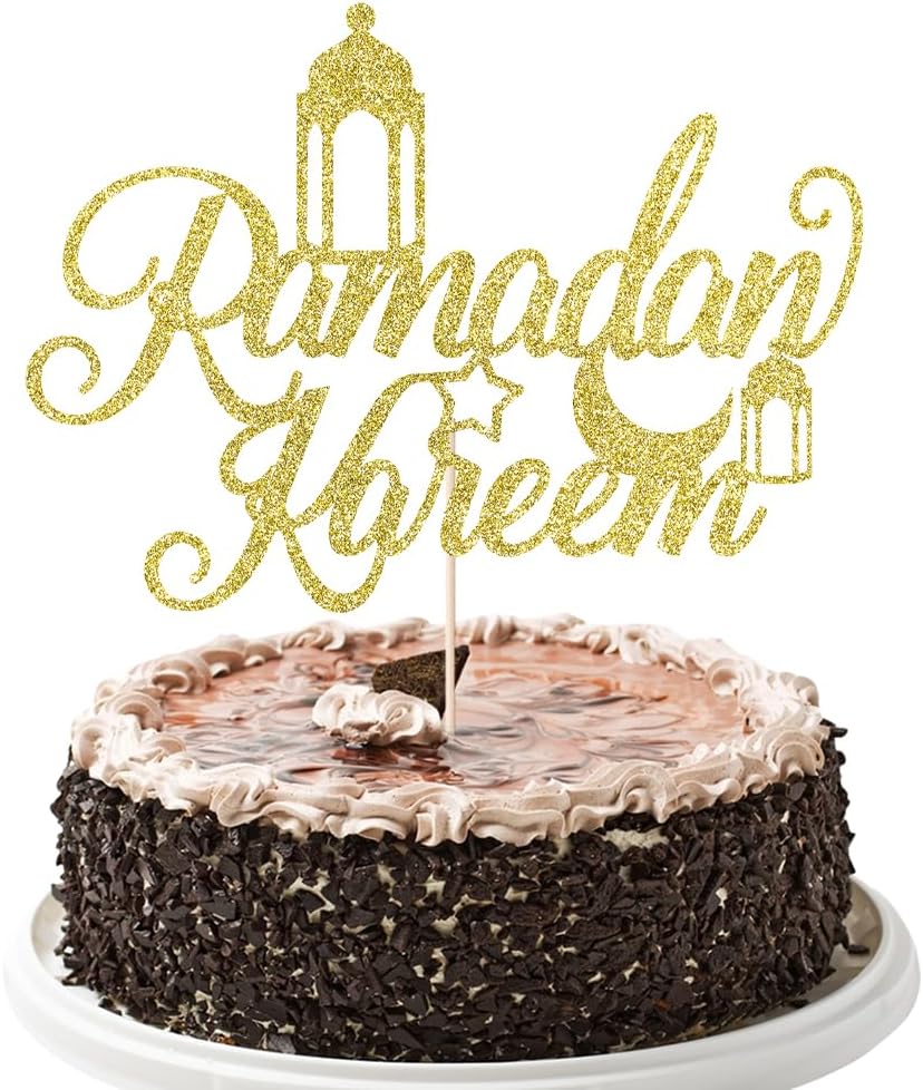 Glitter Ramadan Kareem Cake Topper - Moon Star Eid Cake Decorations, Muslim Islam Eid Mubarak Party Supplies Gold
