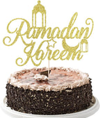 Glitter Ramadan Kareem Cake Topper - Moon Star Eid Cake Decorations, Muslim Islam Eid Mubarak Party Supplies Gold