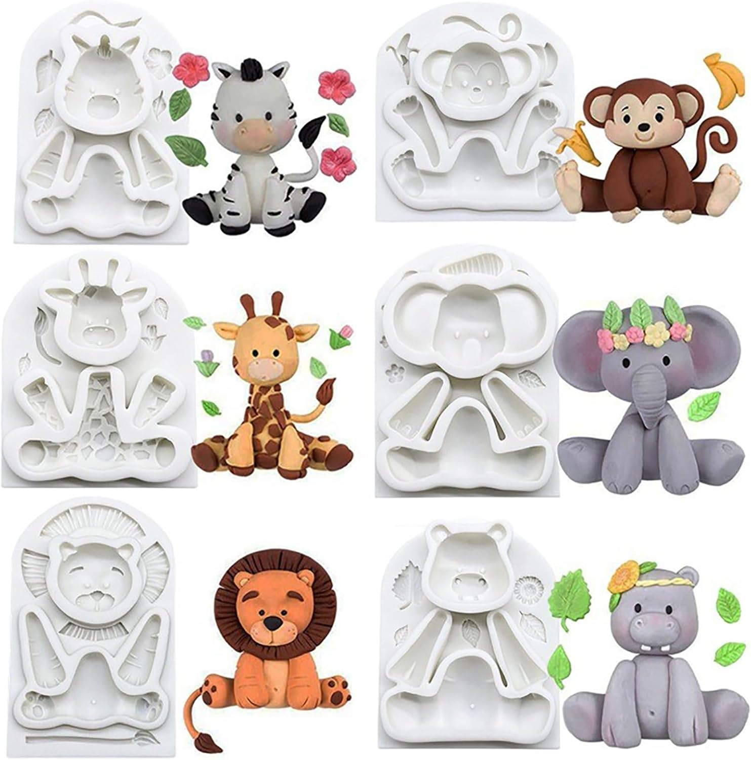 6 Pieces Silicone Jungle Animals Cake Fondant Mold Sugarcraft Decorating Chocolate Baking Mould Clay Craft Pastry Baby Shower Party Cupcake Decor Molds Tool