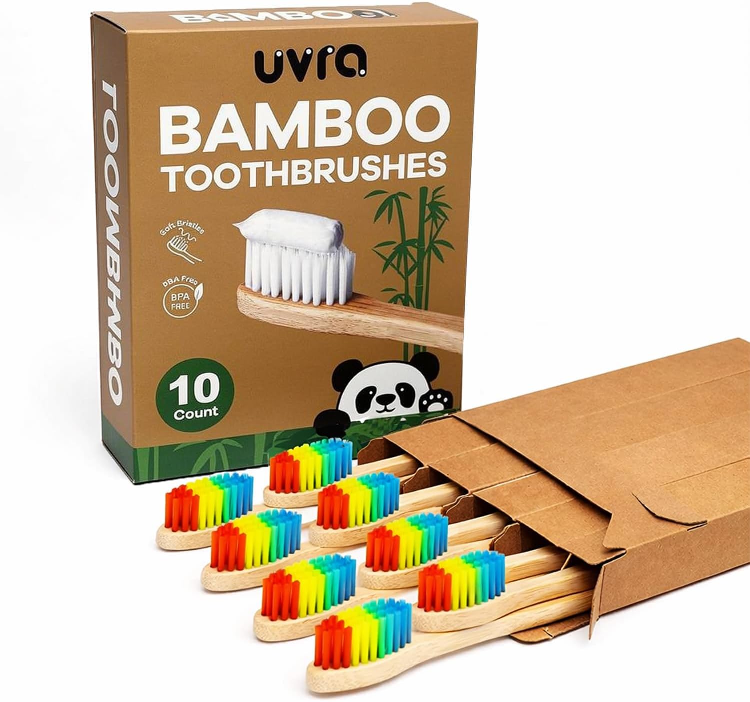 Bamboo Toothbrushes for Adults - 10 Pack Biodegradable Manual Toothbrushes Teeth Colorful Bristle Natural Bamboo Tooth Brush Dental Eco Wood Toothbrush (Rainbow)