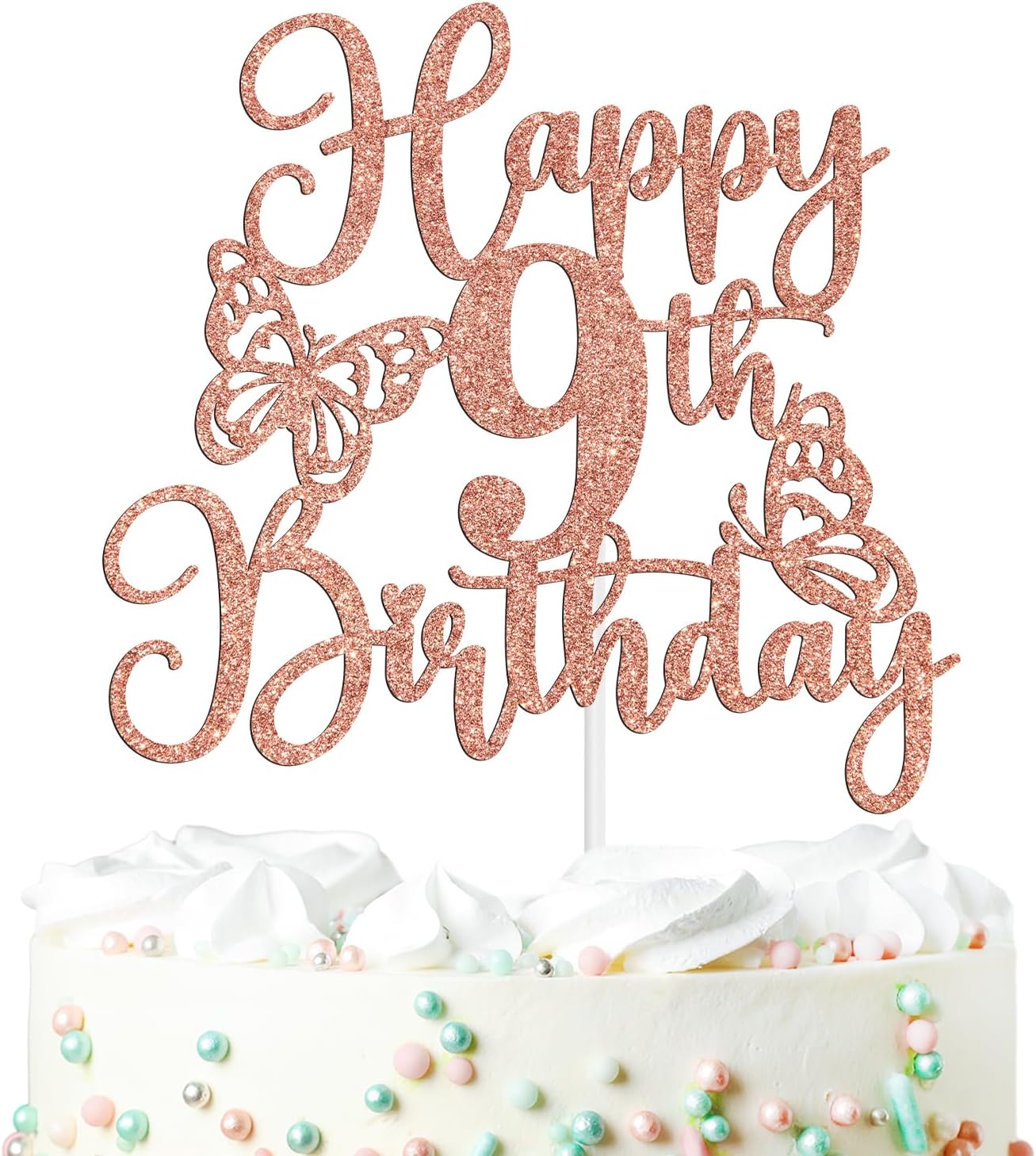 Happy 9th Birthday Cake Topper for Boy or Girl,Bruh I'm 9, Hello Nine, Butterfly 9 Years Old Birthday Party Decorations Supplies, Rose Gold Glitter
