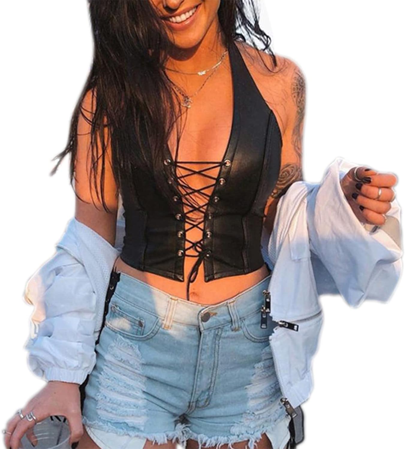 Sexy Corset Tops for Women Adjustable Spaghetti Straps PU Leather Bustier Crop Top Rave Outfit Party Club Night Black