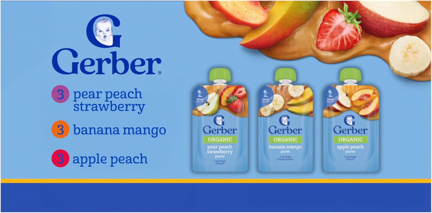 Gerber Stage 2 Baby Food, Organic Fruit Favorites Puree Pouches Variety Pack, No Added Sweetener, Baby Food Pouches, 9-Pack