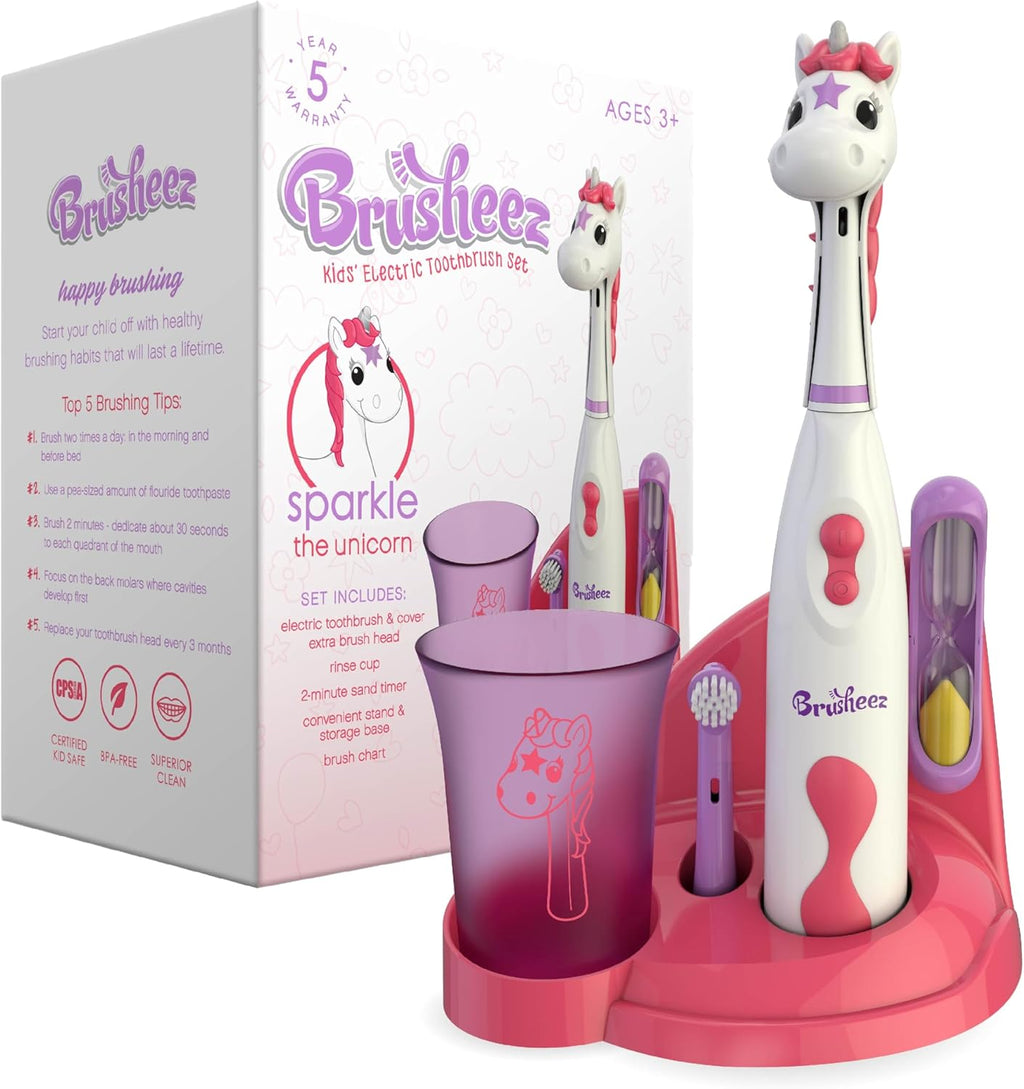 Brusheez Kids’ Electric Toothbrush Set - Safe & Effective for Ages 3+ - Parent Tested & Approved with Gentle Bristles, 2 Brush Heads, Rinse Cup, 2-Minute Timer, & Storage Base (Sparkle the Unicorn)