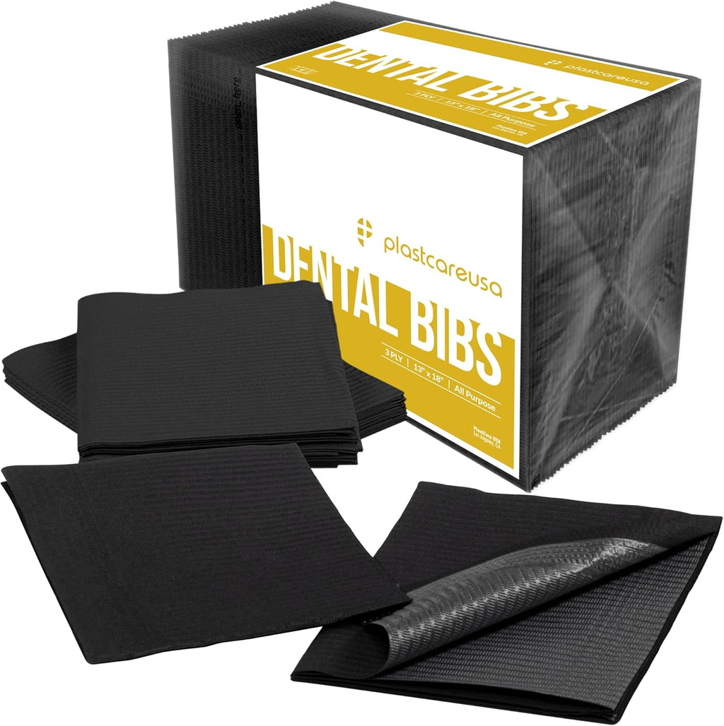 PlastCare USA Disposable Dental Bibs 13"x18" - 3 Ply Waterproof Tattoo Bib Sheet for Patients - Dentist or Medical Tray Cover and Nail Table Cover Supplies, Black
