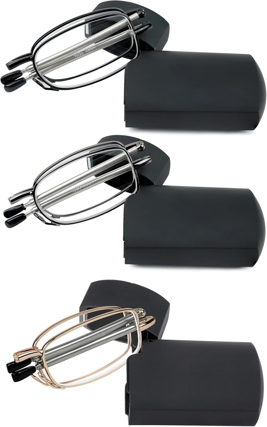 Success Eyewear Reading Glasses 2 Pair Black and Gunmetal Readers Compact Folding Unisex Glasses for Reading Case Included