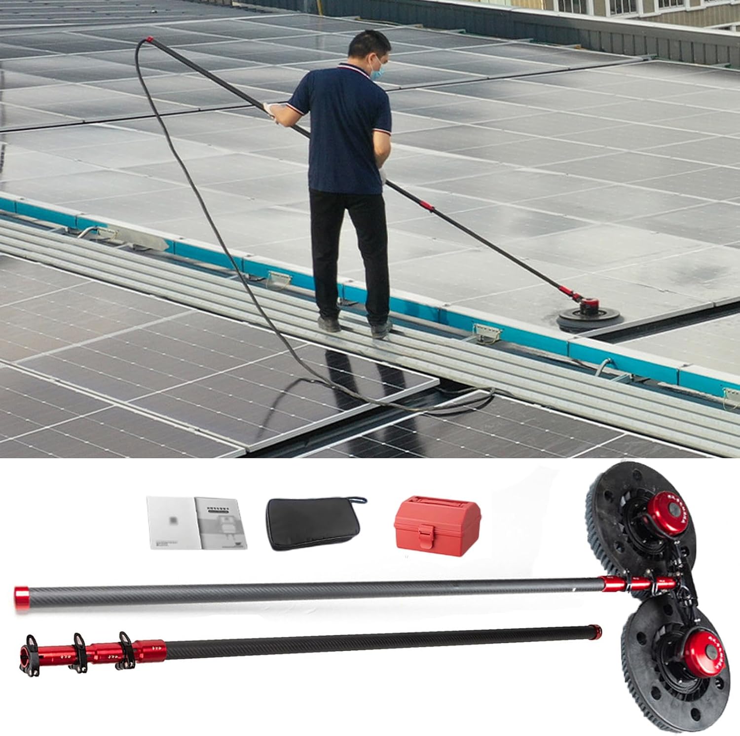 Handheld Outdoor Solar Panel Cleaning Kit with Carbon Fiber Telescopic Rod, Brushless Motor, with Power Converter, Molybdenum Wire Brush, for General Pollution Scenes,7.2M