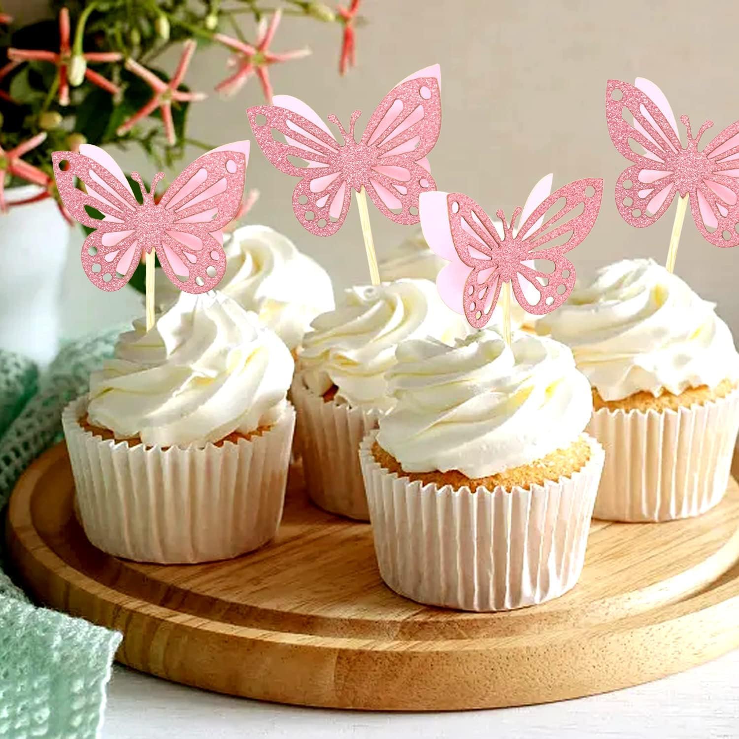 24PCS 3D Pink Butterfly Cupcake Toppers Double Layers Glitter Cake Decorations Butterfly Cupcake Picks Cocktail Picks for Party Birthday Wedding Decoration