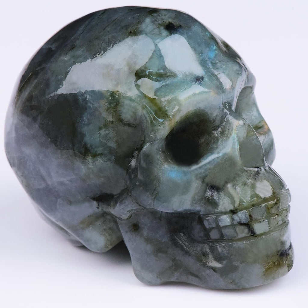 2 Inch Labradorite Crystal Skulls Decor,Human Skull Sculpture Statues Healing Crystal Decor,Halloween Skull Figurines,Home Office Decoration Christmas Meditation Gifts for Men Women