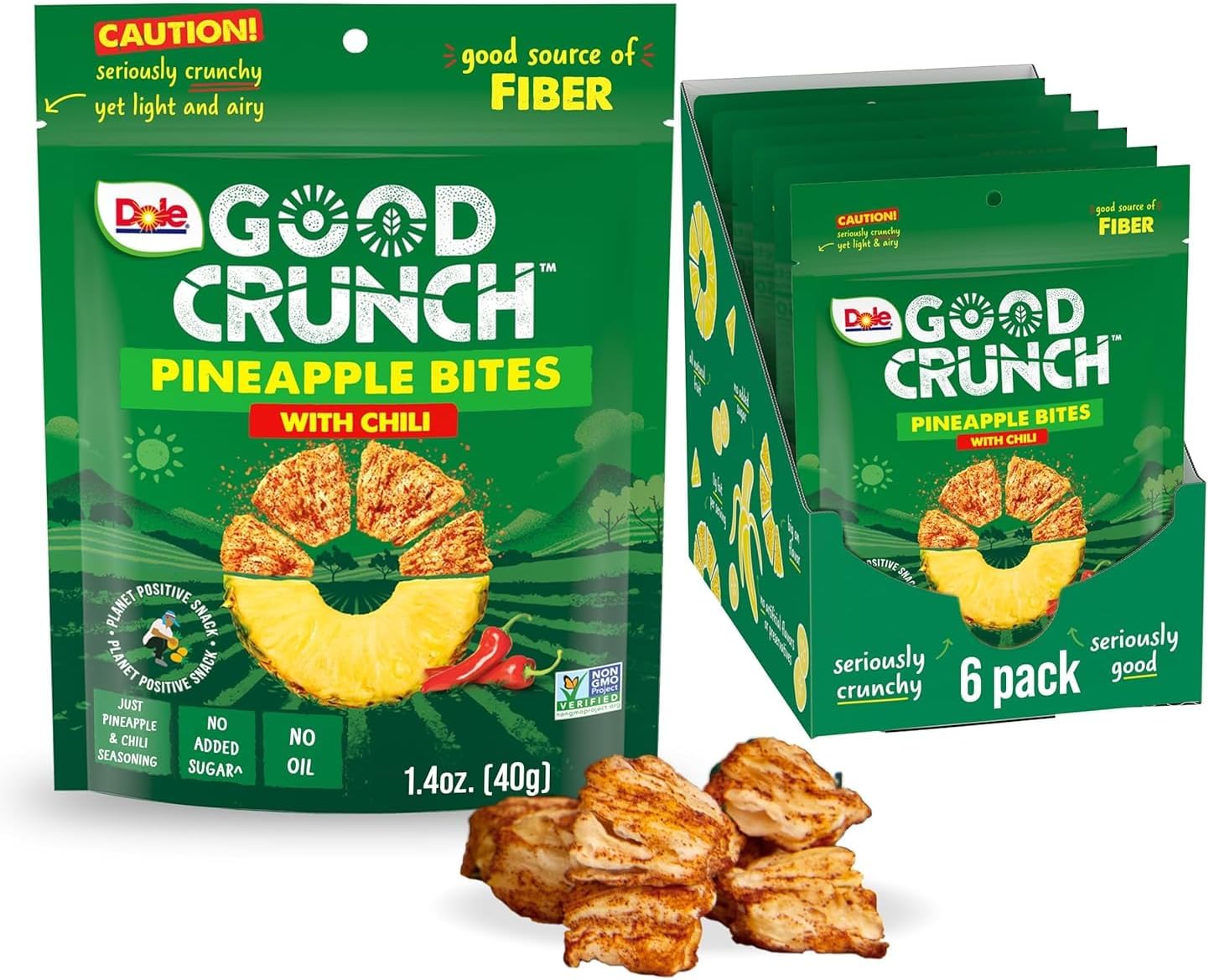 Dole Good Crunch Pineapple with Chili Dried Fruit Bites, Gluten Free & Vegan Snack, 1.4oz Bags (Pack of 6)