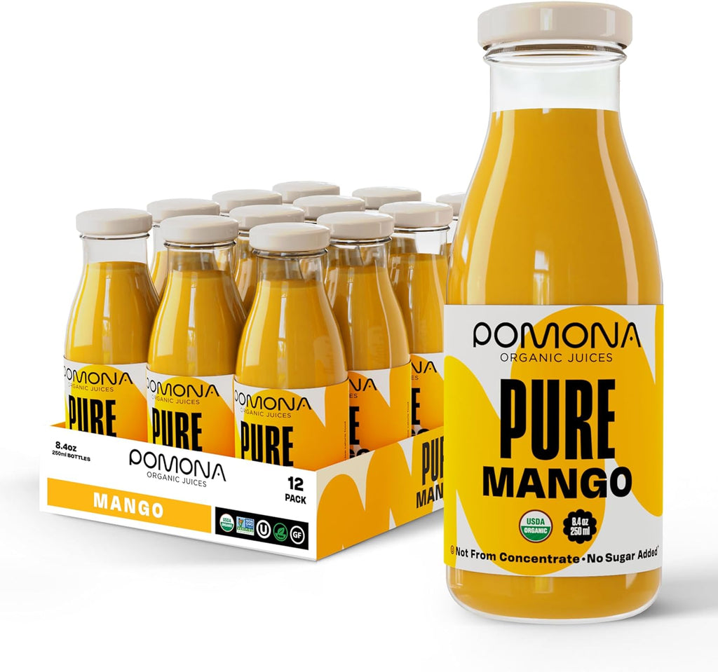 Pomona Organic Juices Pure Mango Juice, 8.4 Ounce Bottle (Pack of 12), Cold Pressed Organic Juice, Non-GMO, No Sugar Added, Not from Concentrate, Gluten Free, Kosher Certified, Preservative Free