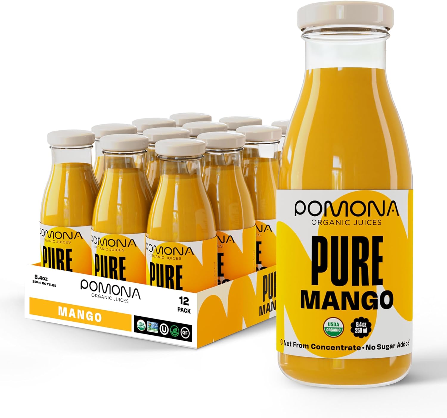 Pomona Organic Juices Pure Mango Juice, 8.4 Ounce Bottle (Pack of 12), Cold Pressed Organic Juice, Non-GMO, No Sugar Added, Not from Concentrate, Gluten Free, Kosher Certified, Preservative Free