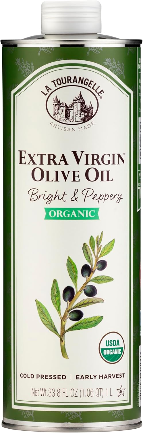 La Tourangelle, Organic Extra Virgin Olive Oil, Cold-Pressed Early Harvest EVOO from Spain, Bright & Peppery, 33.8 fl oz (1 Liter) - Spanish with Polyphenols for Cooking, Drizzling, Marinades, and Dipping
