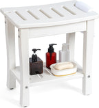 FLYJOE Shower Bench for Shaving Legs, Waterproof HDPE Chair Seat With Storage Shelf and Handles, Spa Stool for Bath Tub Bathroom Indoor Outdoor Use, White