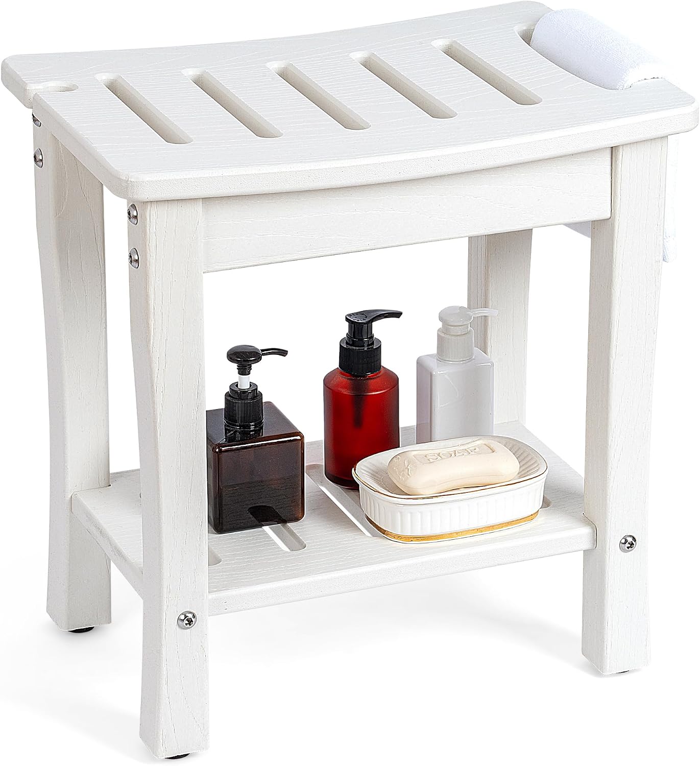 FLYJOE Shower Bench for Shaving Legs, Waterproof HDPE Chair Seat With Storage Shelf and Handles, Spa Stool for Bath Tub Bathroom Indoor Outdoor Use, White