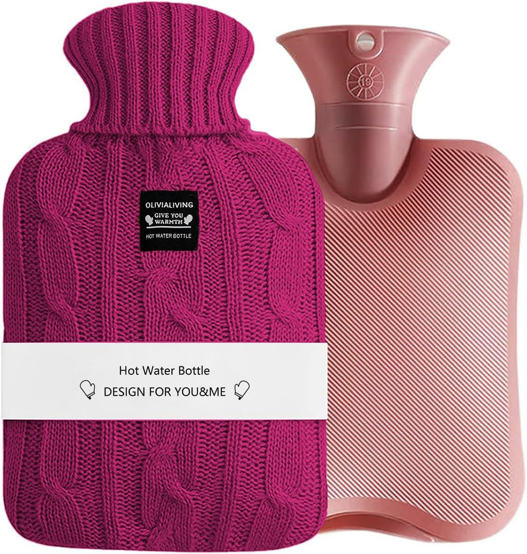 Hot Water Bag Hot Water Bottle 2 Liters Heat Up and Refreezable Hot Cold Pack with Knit Cover for Pain Relief Hot Cold Therapy (Burgundy)