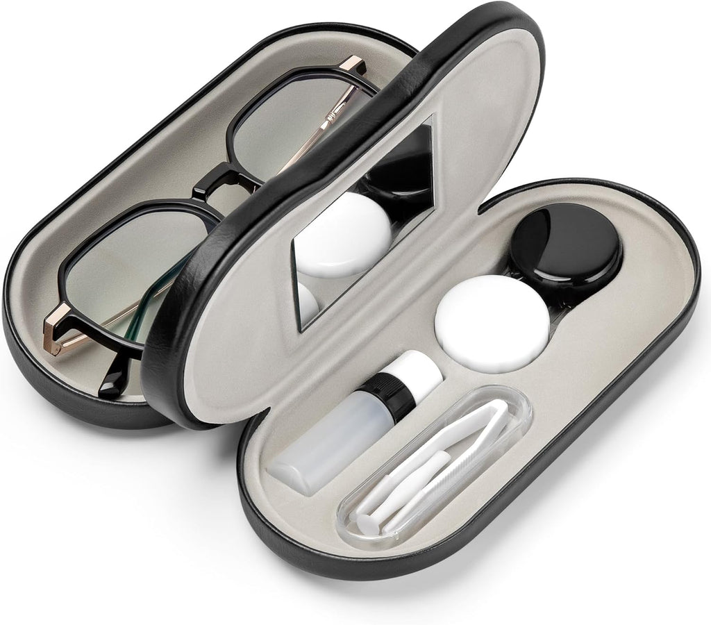 2 in 1 Contact Lens and Glasses Case Double Sided Portable Eyeglasses Case with Built-in Mirror Tweezer Remover and Contact Lens Solution Bottle Storage Kit for Travel Outdoors Daily Use