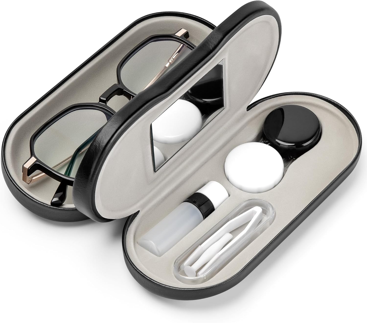 2 in 1 Contact Lens and Glasses Case Double Sided Portable Eyeglasses Case with Built-in Mirror Tweezer Remover and Contact Lens Solution Bottle Storage Kit for Travel Outdoors Daily Use