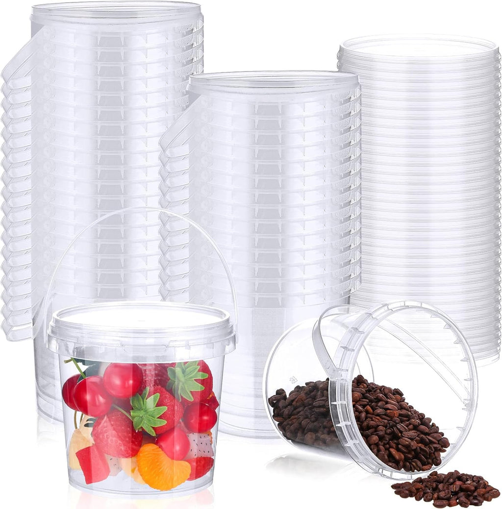 Mifoci 50 Pcs Food Clear Bucket Plastic Gallon Bucket Round Reusable Ice Cream Containers with Lids and Handles Airtight Clear Plastic Tub Freezer Reusable Pail for Popcorn Kitchen Drinks Home(24oz)