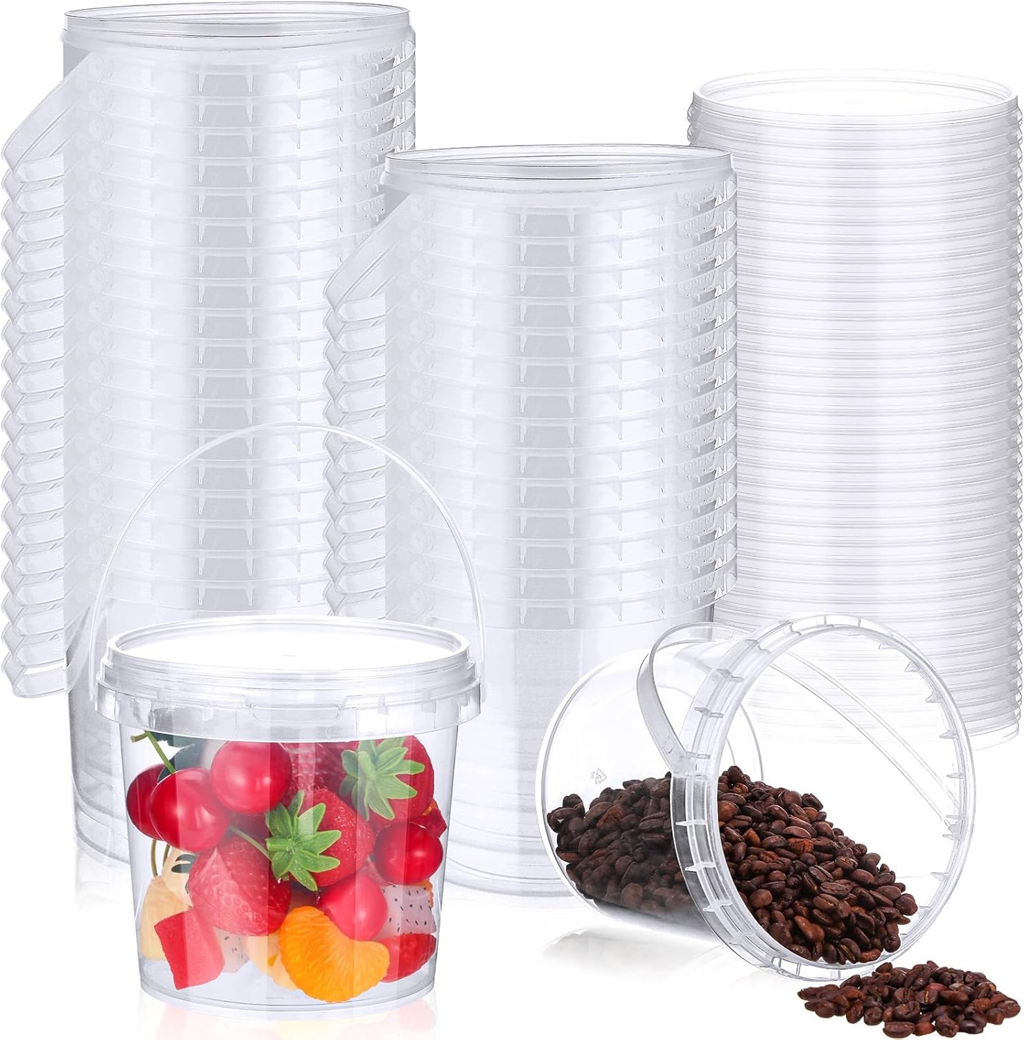 Mifoci 50 Pcs Food Clear Bucket Plastic Gallon Bucket Round Reusable Ice Cream Containers with Lids and Handles Airtight Clear Plastic Tub Freezer Reusable Pail for Popcorn Kitchen Drinks Home(24oz)