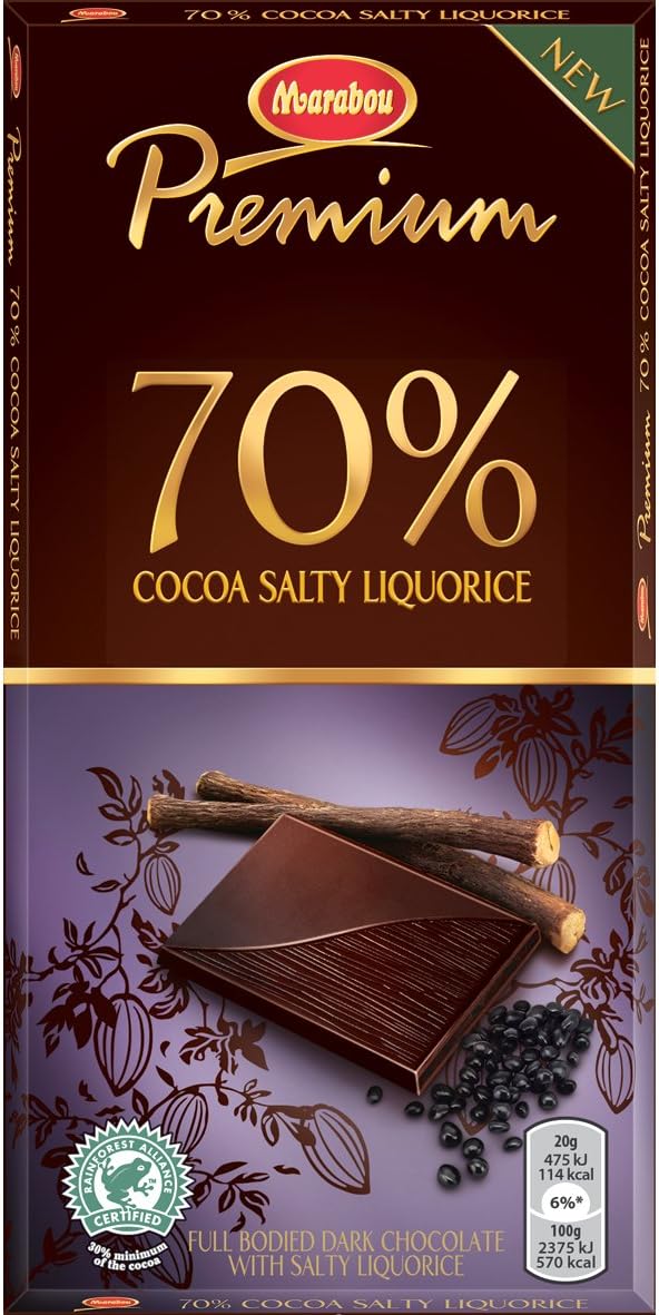 2 Bars x 100g of Marabou Premium Salty Liquorice - Original - Swedish - Dark Chocolate - 70% Cocoa