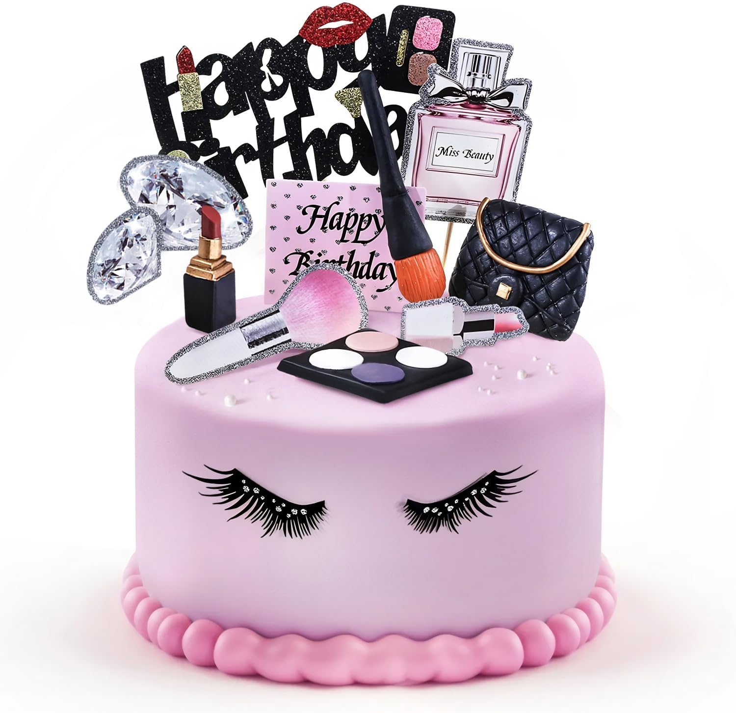 12Pack Makeup Cake Topper,Clay Lipstick Perfume Brush Cosmetic Happy Birthday Picks Cake Cupcake Decoration for Girl Women Makeup Spa Salon Birthday Party Supplies