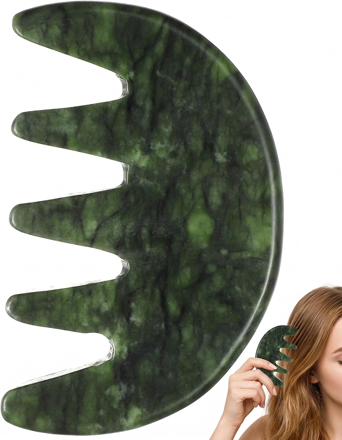 Green Jade Scalp Massage, Natural Gua Sha Comb for Head Relaxation, Wide Tooth Jade Comb for Blood Circulation, Multifunctional Massage Tool for Home Use