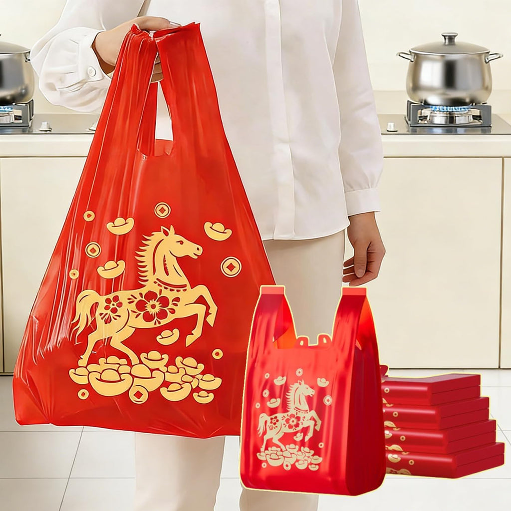 50Pcs Red Lucky Garbage Bags with Drawstring Vest Style Trash Bag Sturdy Durable Large Thick Plastic Bags for Home, Kitchen and Office