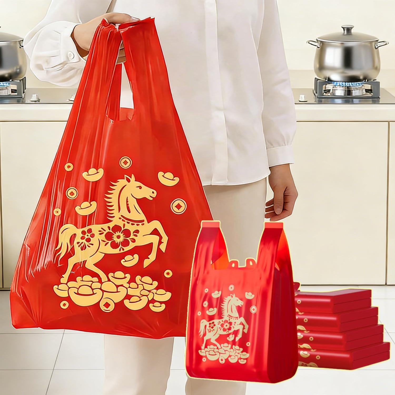 50Pcs Red Lucky Garbage Bags with Drawstring Vest Style Trash Bag Sturdy Durable Large Thick Plastic Bags for Home, Kitchen and Office