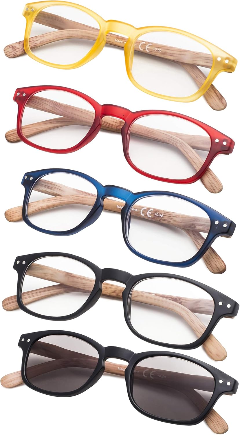 5-pack Wood-look Arms Reading Glasses Include Sunshine Readers for Women and Men