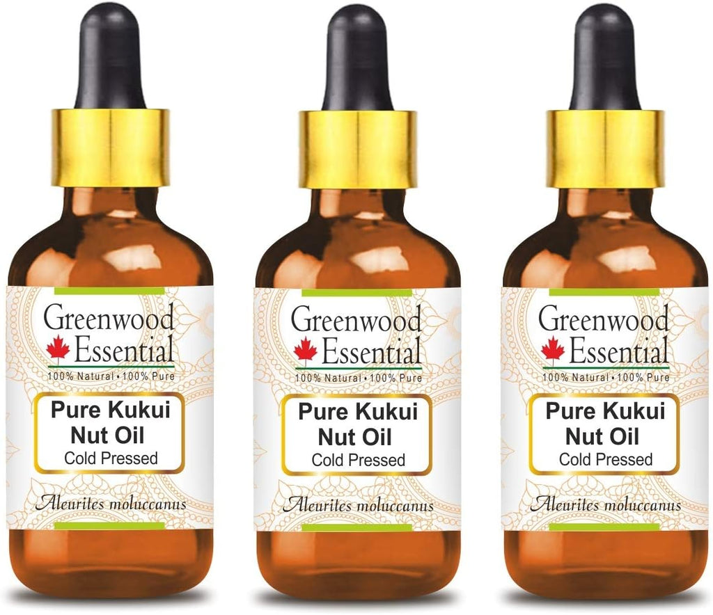 Greenwood Essential Pure Kukui Nut Oil (Aleurites moluccanus) with Glass Dropper Cold Pressed (Pack Of Three) 100ml X 3 (10 oz)