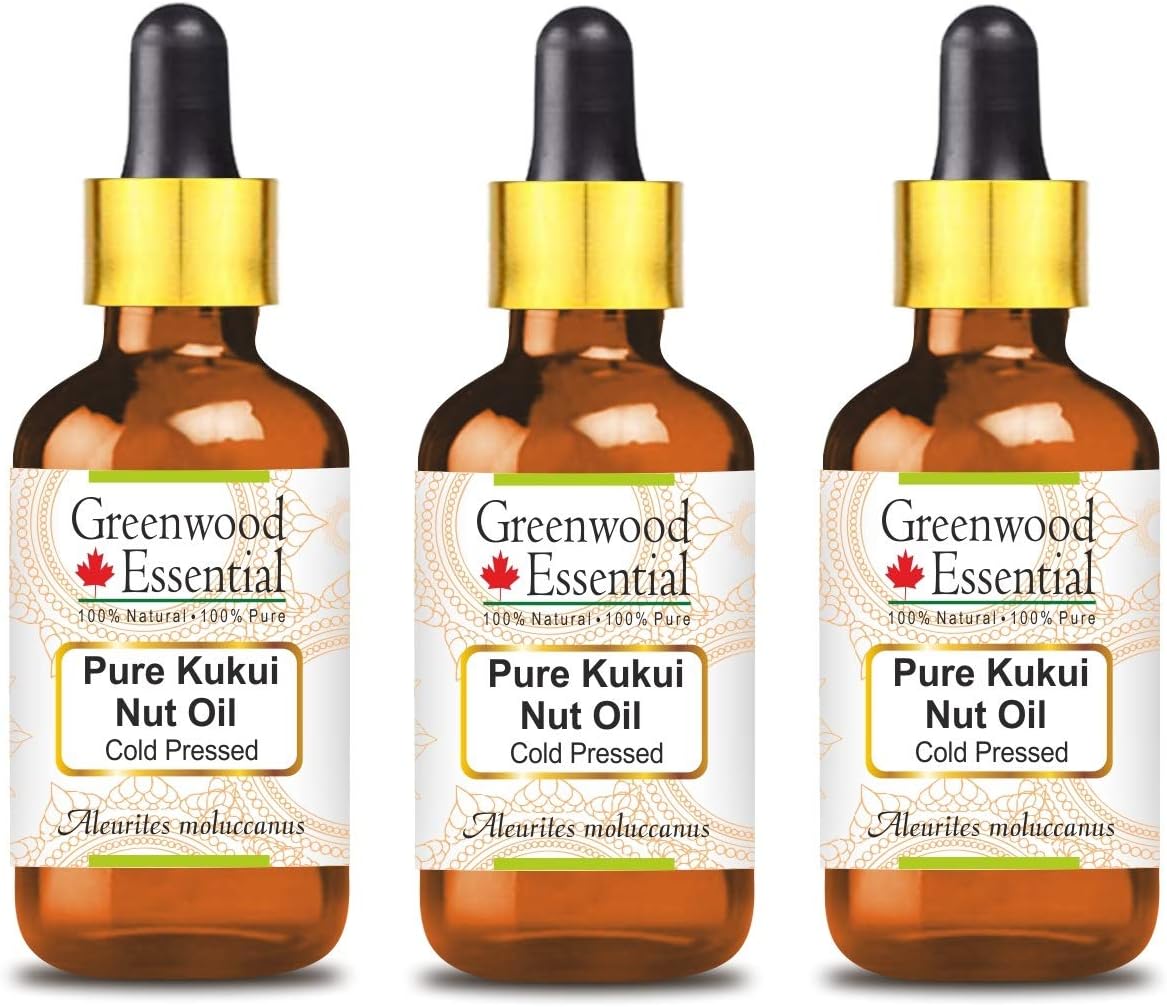 Greenwood Essential Pure Kukui Nut Oil (Aleurites moluccanus) with Glass Dropper Cold Pressed (Pack Of Three) 100ml X 3 (10 oz)