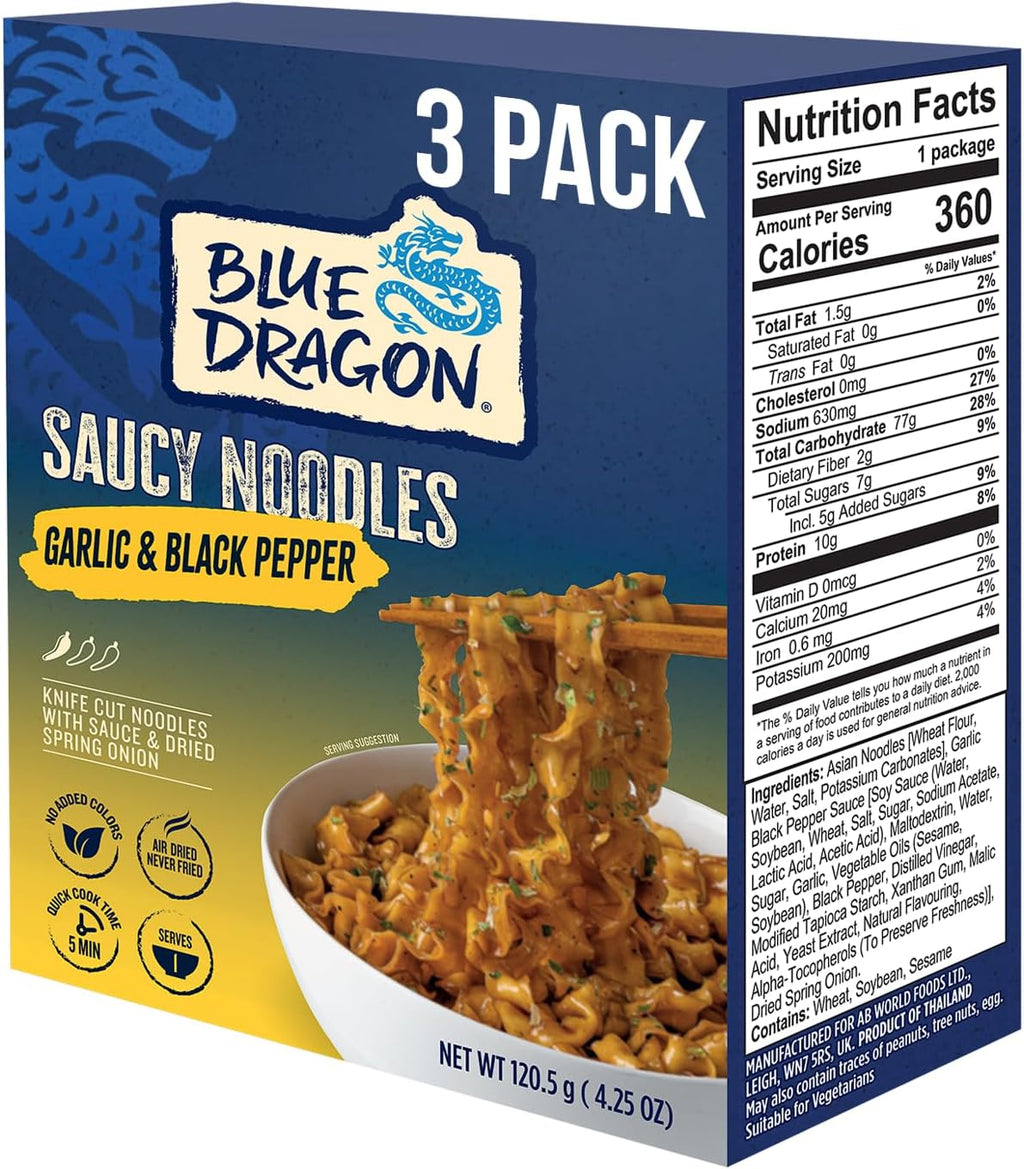 Blue Dragon Garlic & Black Pepper Saucy Noodles - 4.25oz (Pack of 3) - Knife Cut Air Dried Noodles w/Garlic & Black Pepper Sauce & Spring Onion Garnish - Quick & Easy Meal with Bold Asian Flavors