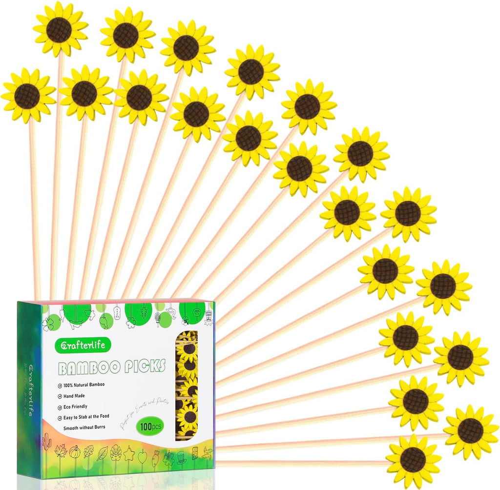 100Pcs Sunflower Cocktail Picks Spring Flower Sunflowers Decor Toothpicks Fruit Sticks Food Sandwich Appetizer Charcuterie Skewers, for Springtime Floral Sunflower Decorations Groovy Party Supplies