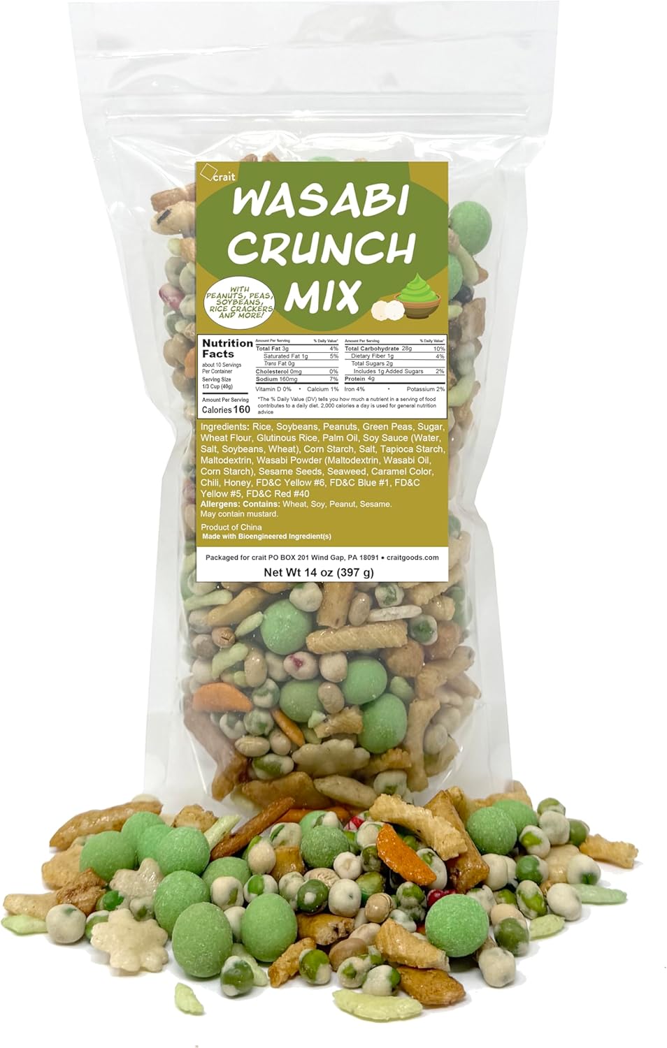 Wasabi Snack Mix – Wasabi Peas, Peanuts & Asian Rice Crackers – Spicy Crispy Oriental Snack Blend, Rigato Mix, Savory Party Snacks, Resealable Bag, 14 oz