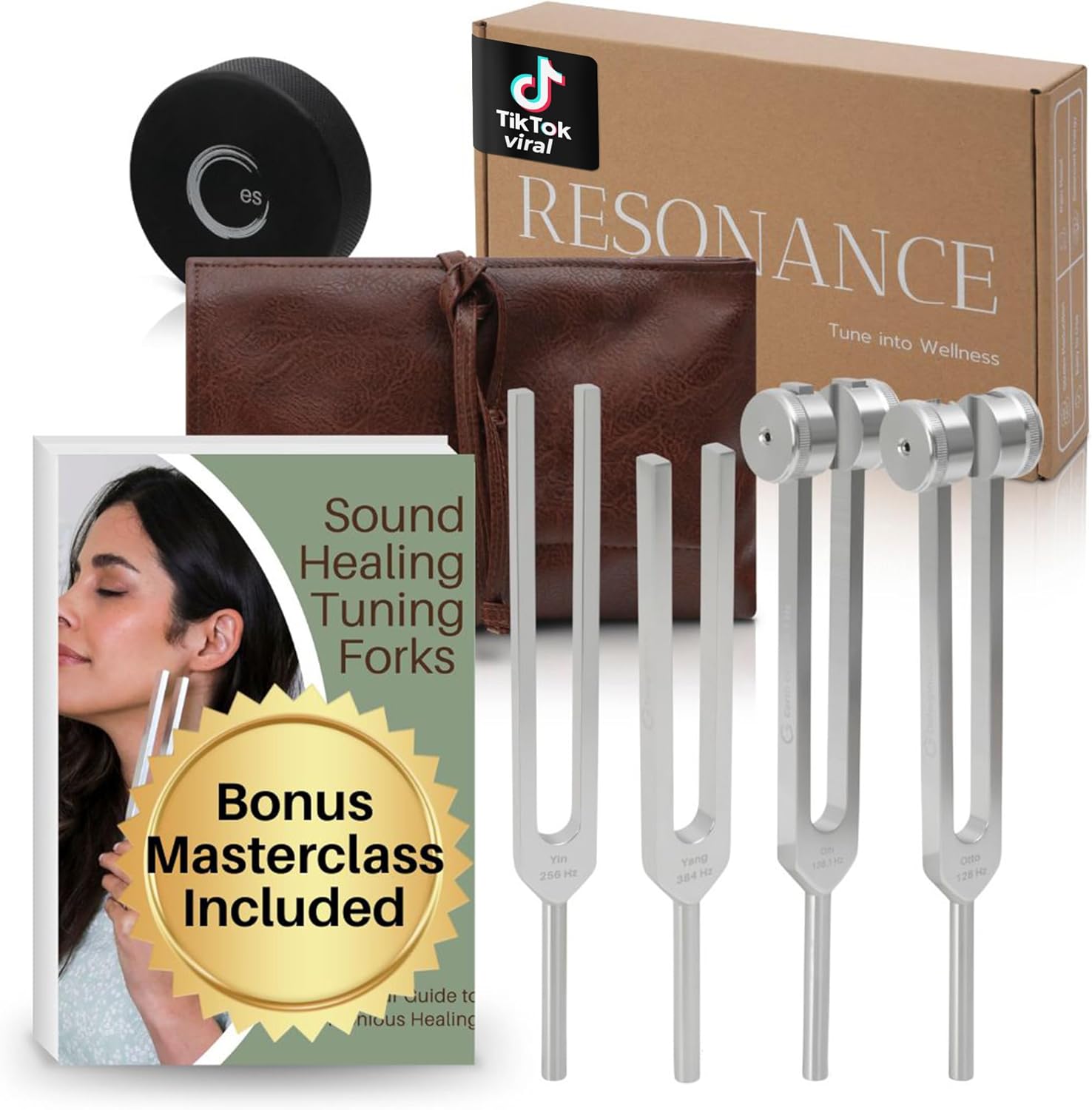 Resonance Tuning Fork for Healing Set – 128Hz, 136.1Hz, 256Hz, 384Hz for Stress Relief, Sleep, Chakra Balance and Nervous System Reset | Activator + Pouch | Weighted & Unweighted