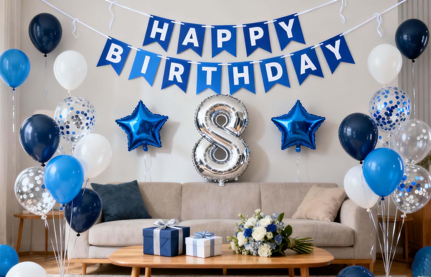 8th Birthday Decorations Blue for Boys, 8th Birthday Banner Balloon Blue Silver, Number 8 Birthday Star Foil Balloons Latex Confetti Balloons for Boys Him 8 Years Old Birthday Supplies(8th)