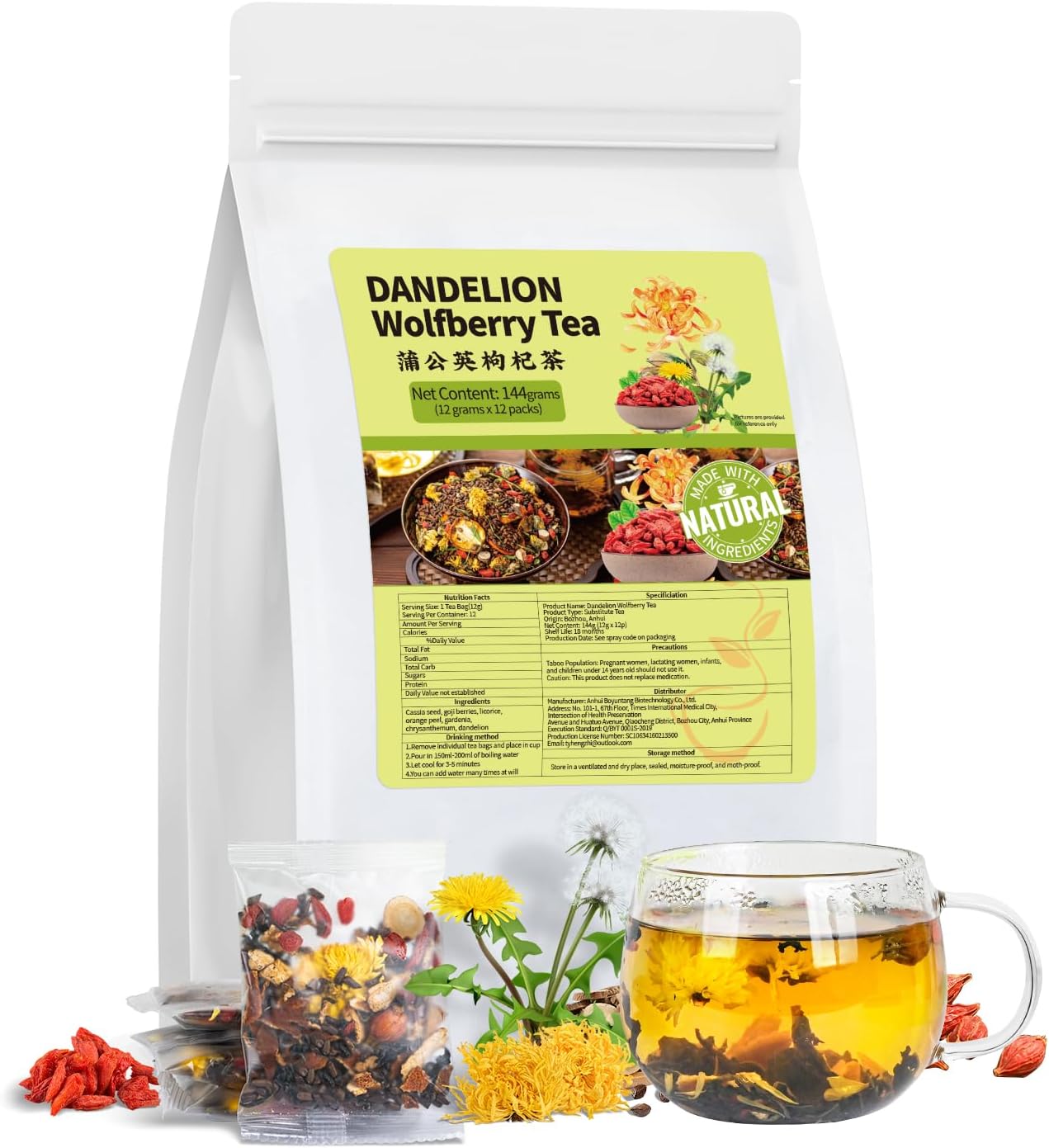 Dandelion Wolfberry Tea, Natural Kidneys & Liver Health Dandelion Root Tea with Dandelion, Wolfberry, Cassia Seed, Chrysanthemum, Licorice, Orange Peel, Gardenia (1 Pack/12 Bags)