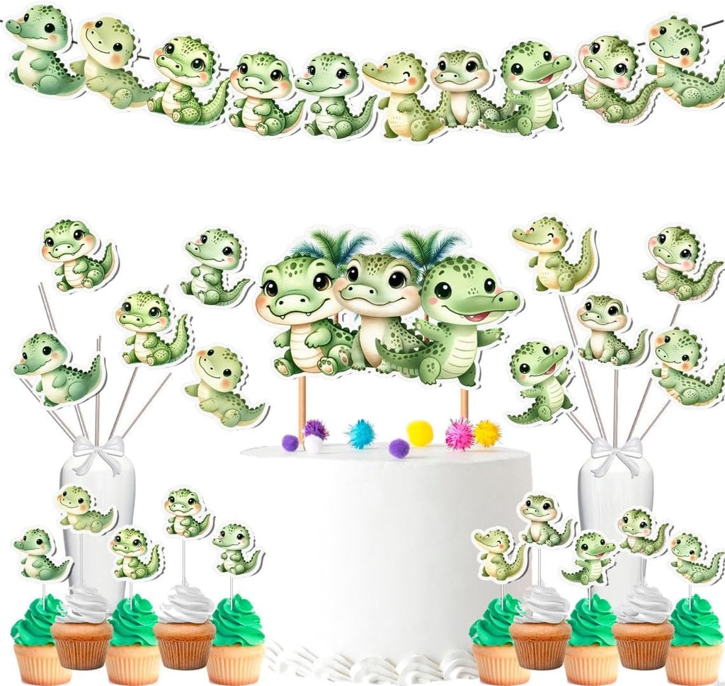 Complete Crocodile Party Set - Includes Cake Toppers, Cupcake Toppers, Banner, and Centerpieces for Jungle-Themed Kids Birthdays and Baby Showers