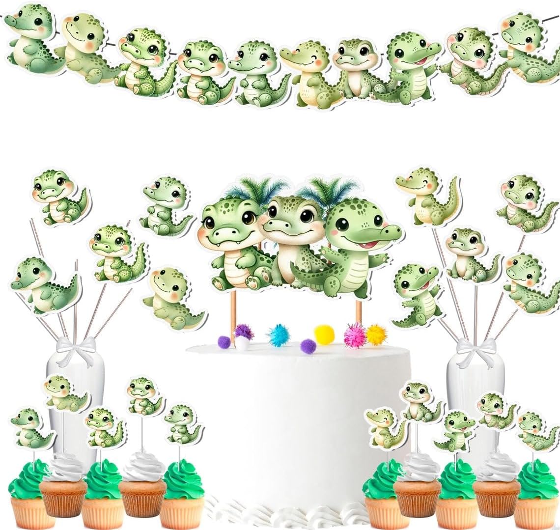 Complete Crocodile Party Set - Includes Cake Toppers, Cupcake Toppers, Banner, and Centerpieces for Jungle-Themed Kids Birthdays and Baby Showers