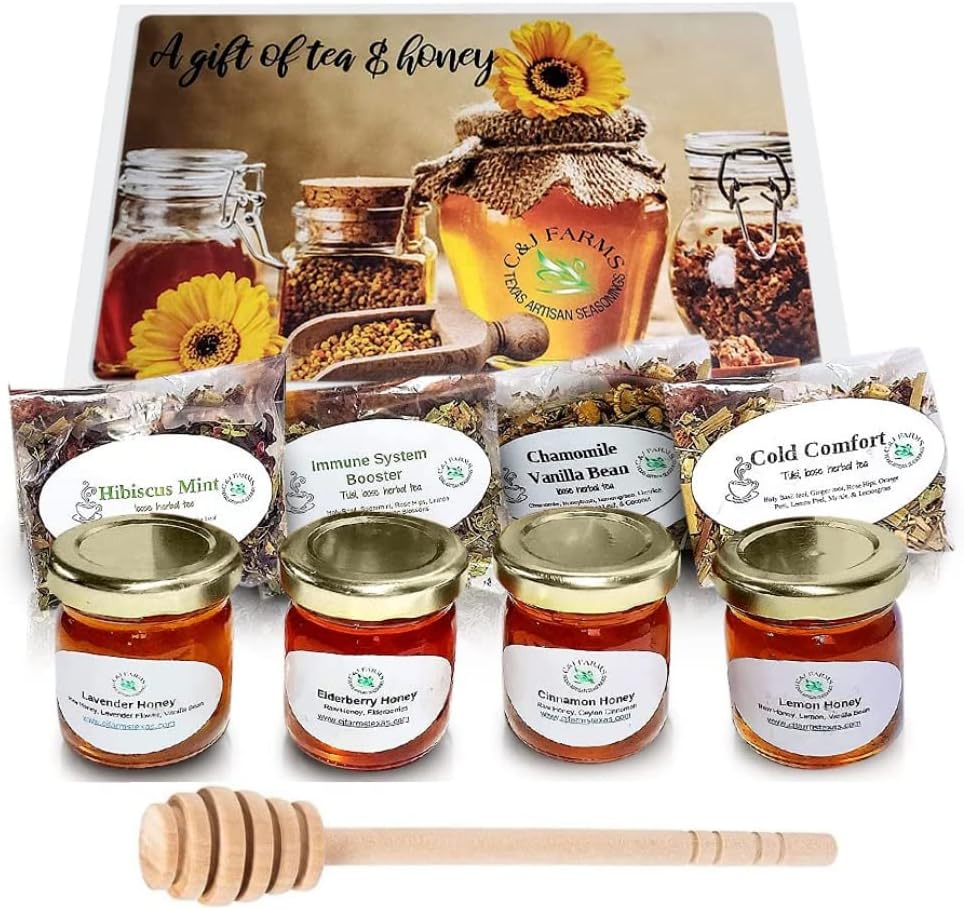C&J Farms Texas Gourmet Artisan Seasonings A Gift of Tea and Honey Gift Set- 9 Piece Variety Sampler Box- Includes Stir Spoon and Sampling of Loose Leaf Tisanes & Infused Honey- Local, Natural Flavors