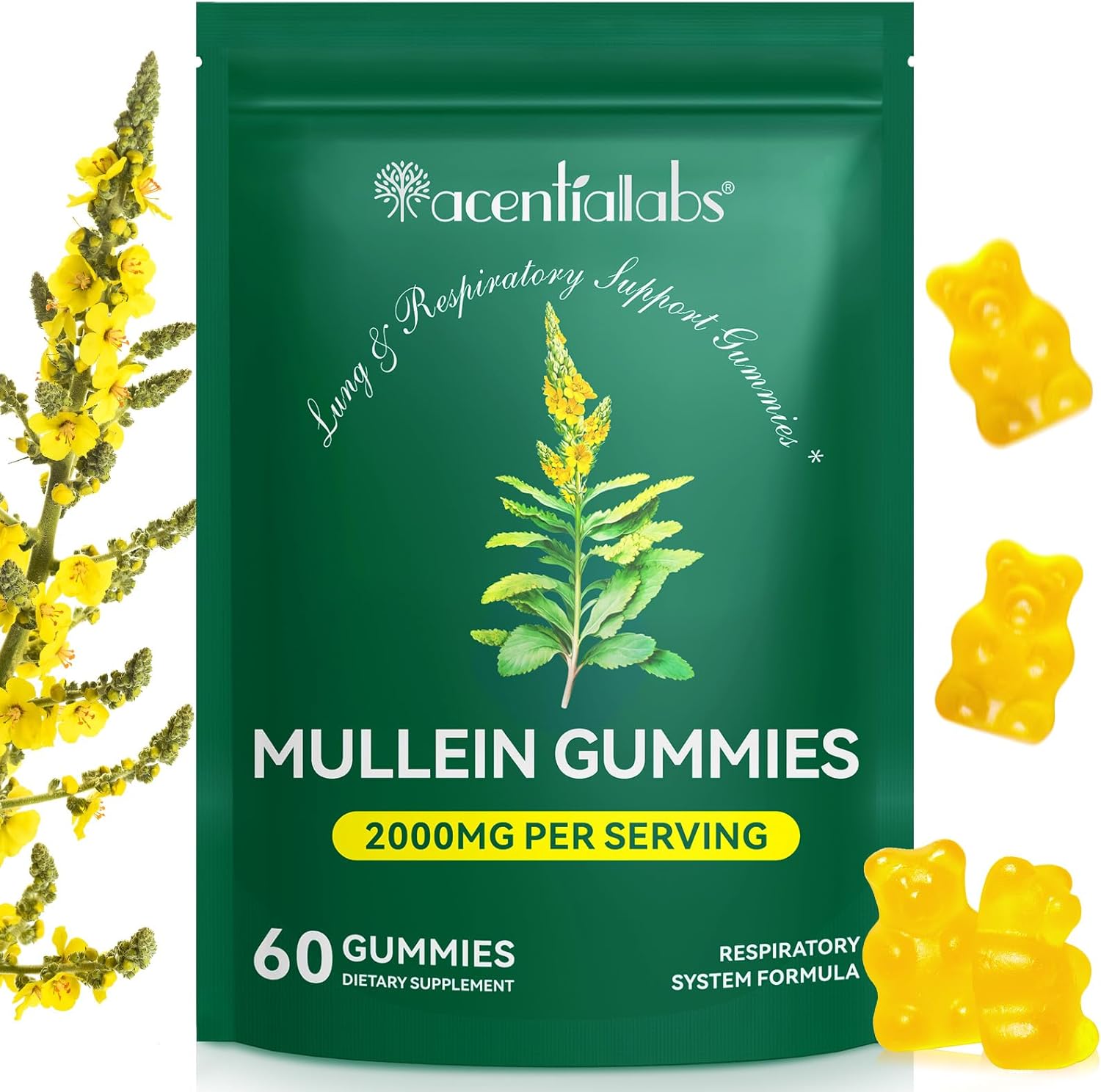 NIFEISHI Mullein Gummies for Lungs, 2000mg Mullein Leaf Extract for Respiratory & Digestive & Immune Support, Natural Herbal Supplement, Pear Flavor Gummies 60 Gummies