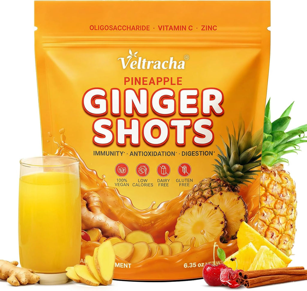 Juicing Ginger Shots, Pineapple Ginger Turmeric Drink with Vitamin C, Zinc & lron, Superfood Juice Powder for Immunity & Digestion Support, 30 Servings (Pineapple and Ginger)