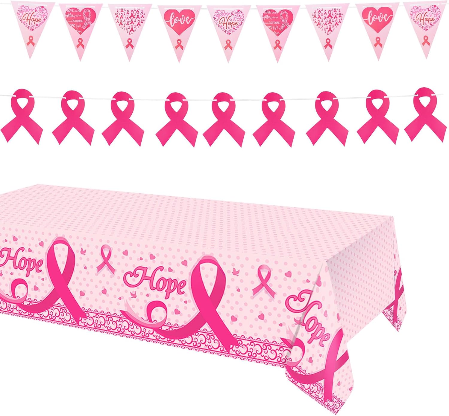 WANDIC Pink Ribbon Kit, 1 Piece Tablecloth and 2Pcs Banners for Breast Cancer Awareness October Cancer Survivor Warrior Fighter Gifts for Women Ladies