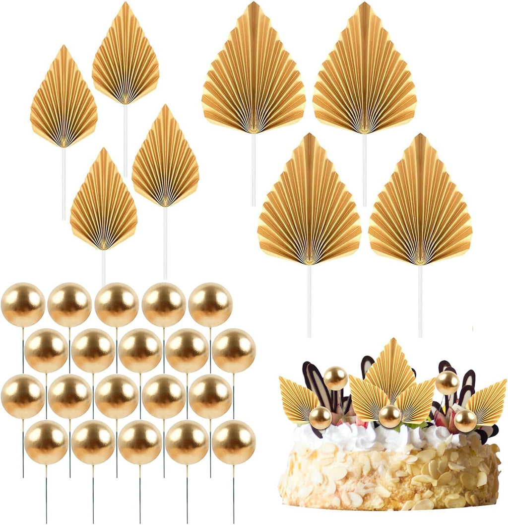 28pcs Palm Leaves Cake Decorations, 20pcs Foam Balls Cake Topper, 8pcs Paper Palm Leaf Inserts for Baby Shower, Wedding, Birthday Parties (Gold)